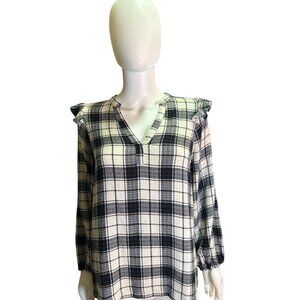 Marine Layer Jamie Ruffle Sleeve Top Black/White Plaid Medium Cotton Blend NWT